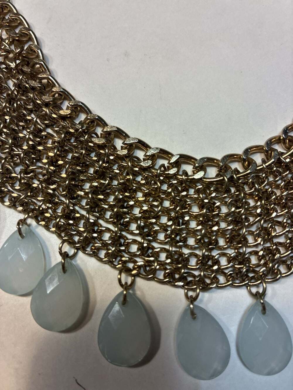 Statement Necklace Gold Tone Multi Strand Chain Glass Tear Drop Bib - Picture 3 of 7